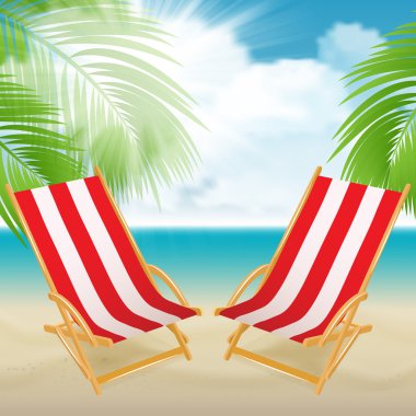 Bir palmiye ağacı, plaj sandalyesini Deniz Manzaralı.