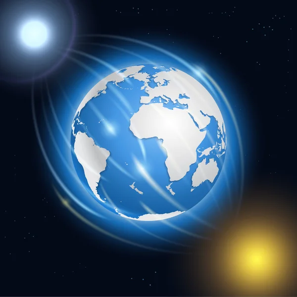 Реалистичная планета Земля, луна, солнце и звезды . — стоковый вектор