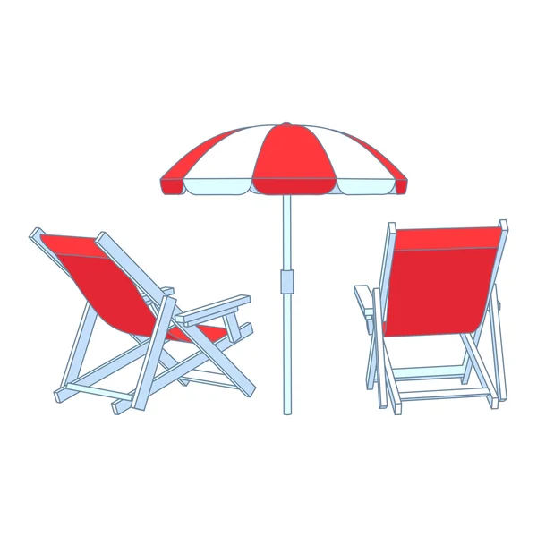 Chaises longues vectorielles rouges sous parapluie — Image vectorielle