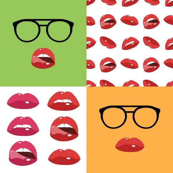Sexy lips seamless and icons set — Stock Vector