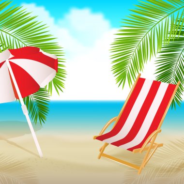 Deniz Manzaralı bir palm, plaj sandalye ve şemsiye