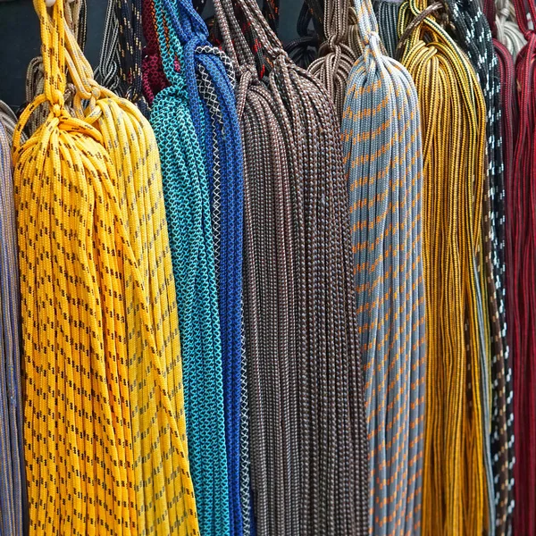 Many New Colorful Shoe Laces Hanging — Stock Photo, Image
