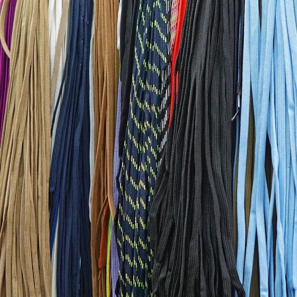 Many New Colorful Shoe Laces Hanging — Stock Photo, Image