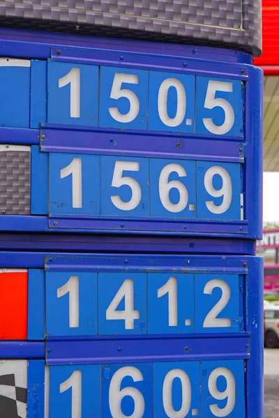 Big Board Gasoline Prices Petrol Station — Stock Photo, Image