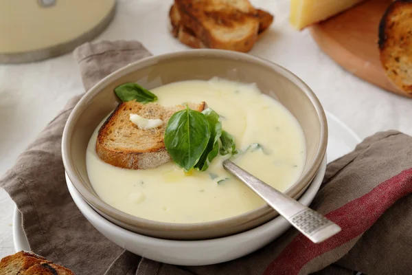 Zuppa calda con verdure in ciotola di ceramica — Foto Stock