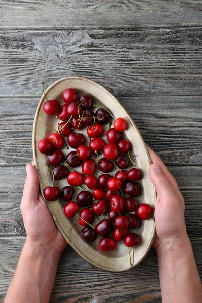 Hands holding cherry on plate — Stock Photo, Image