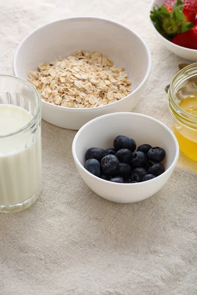 Frühstückszerealien in Schalen mit Milch und Honig — Stockfoto