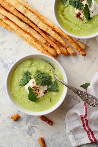 Green summer soup with grissini — Stock Photo, Image