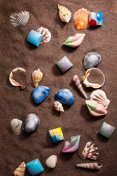 Overhead View Chocolate Candies Sand — Stock Photo, Image