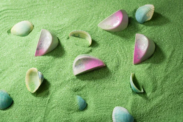 Modern Candies Green Sand Seashell — Stock Photo, Image