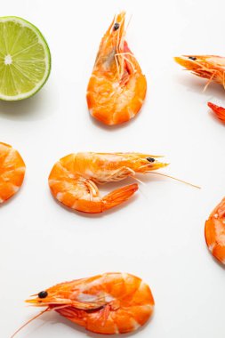 Işık yüzeyinde limonlu karideslere yaklaş