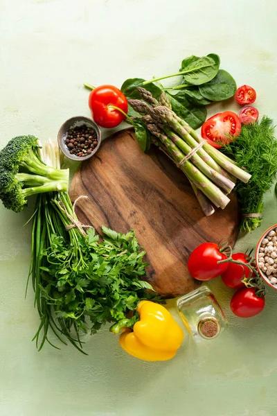Overhead View Fresh Set Vegetables Wooden Board Clean Eating Green — Stock Photo, Image