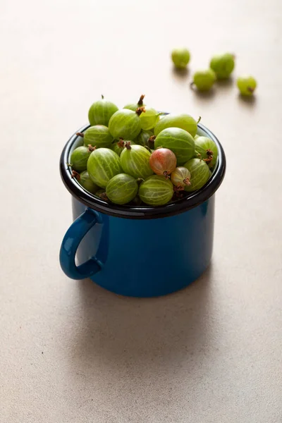 Sluiten Van Groene Kruisbes Blauwe Emaille Mok — Stockfoto