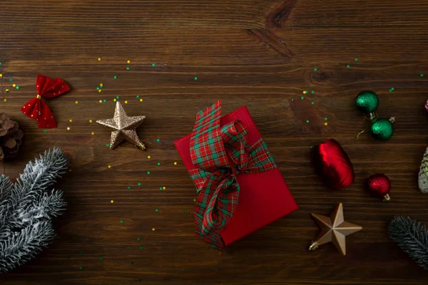 Caixa Presente Vermelho Decorações Natal — Fotografia de Stock
