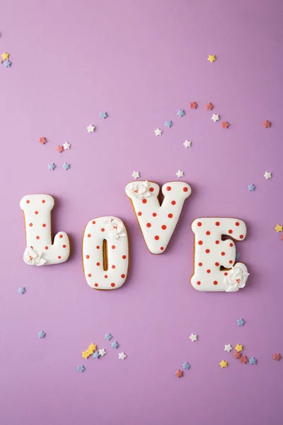 Valentines Konsep Hari Salam Kartu Cinta Cookie Berbaring Datar — Stok Foto