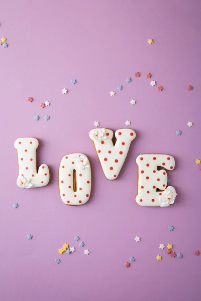 Valentinstag Konzept Grußkarte Liebe Plätzchen Flache Lage — Stockfoto