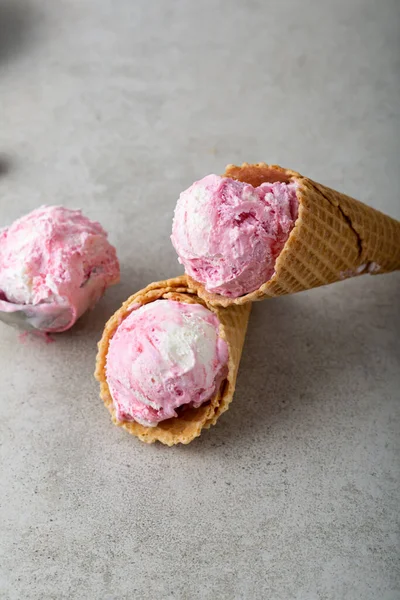 Two Waffles Cones Pink Ice Cream — Stock Photo, Image