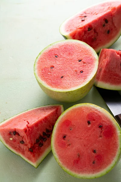 Sliced Ripe Red Watermelon Light Green Surface — Stock Photo, Image
