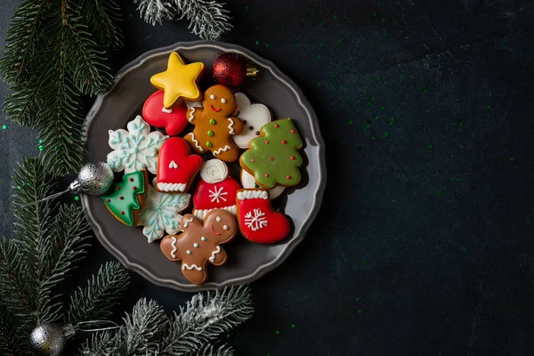 Vue Aérienne Des Biscuits Vacances Sucrés Hommes Pain Épice Noël — Photo