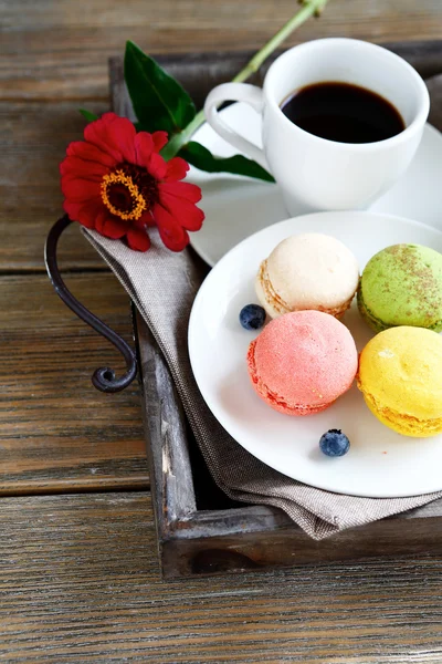 Coffee and colorful macaroon on a tray — Stock Photo, Image