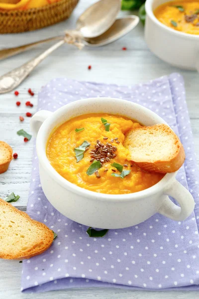 Pumpkin puree soup with croutons — Stock Image Pumpkin puree soup with croutons Stock Photo