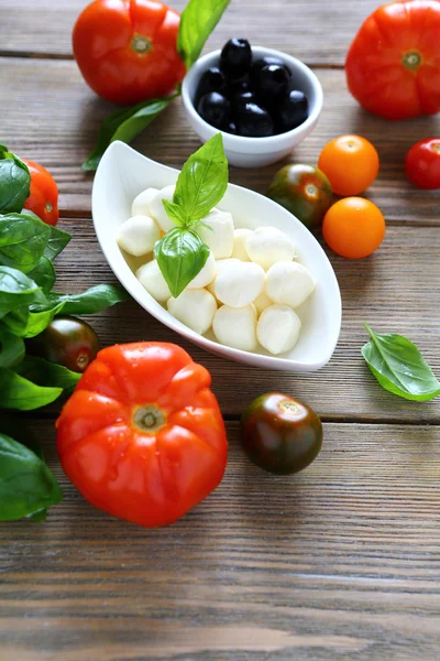 Tomates suculentos e queijo mussarela em uma saladeira — Fotografia de Stock