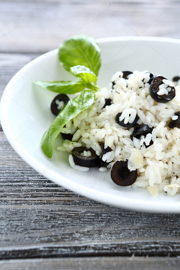 Rice with basil leaves