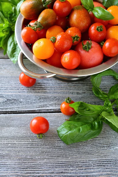 Pomodori ciliegia e basilico vista dall'alto — Foto Stock