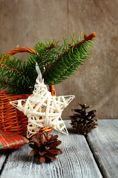Sprigs of pine tree with a white star and two cones — Stock Photo, Image
