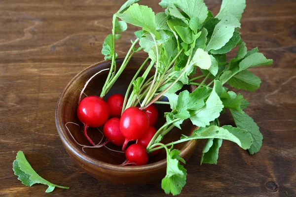 Bunch of fresh radishes in a bowl — Zdjęcie stockowe