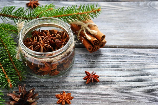 Aromatische anijs in pot met pijnboomtakken op de planken — Stockfoto