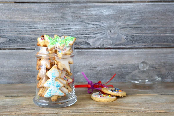 Christmas cookies in the shape of pine on jar — Stock Photo, Image