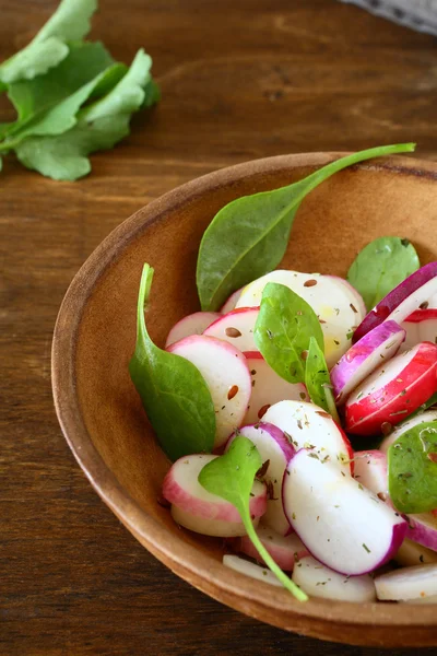 Salada fresca com rabanetes e manjericão em uma tigela — Fotografia de Stock