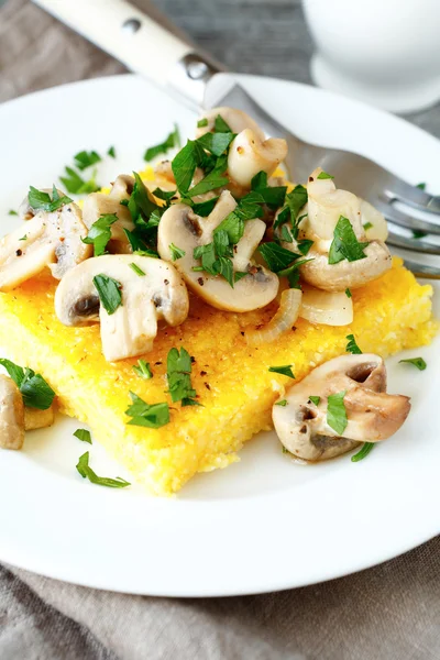 Italian polenta with champignons on a plate — Stock Photo, Image