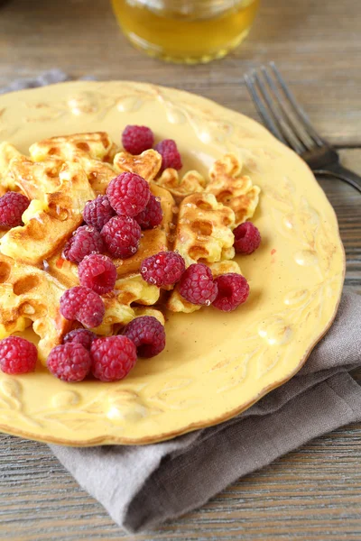 Waffles and raspberries on a plate — Stock Photo, Image