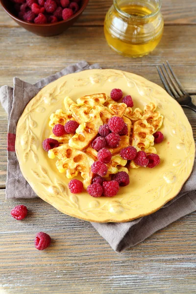 Delicious waffles with raspberries — Stock Photo, Image