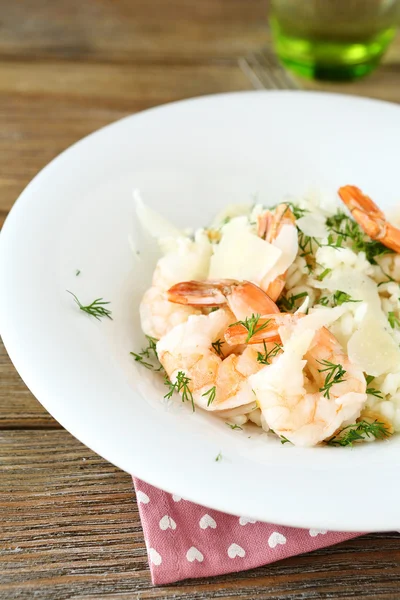 Rice with shrimp and dill on white plate — Stock Photo, Image