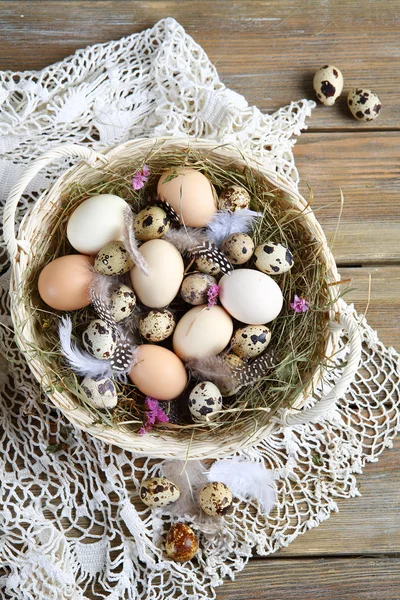 Huevos de Pascua y plumas en la cesta — Foto de Stock