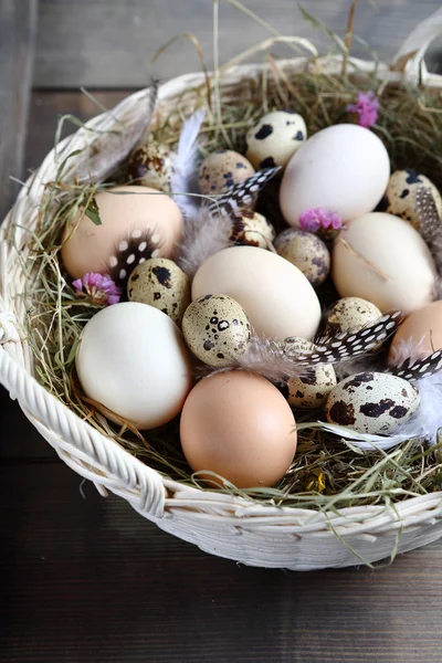Fresh eggs in a rustic basket — Stock Photo, Image