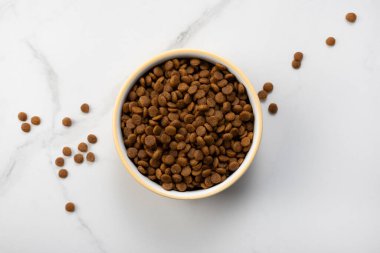 Kâselerdeki kedi ve köpek için çıtır çıtır yiyecekler.