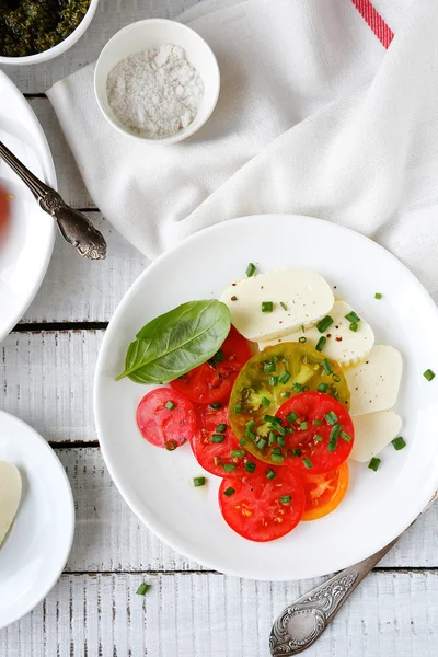 Verse tomaten en kaas op plaat — Stockfoto