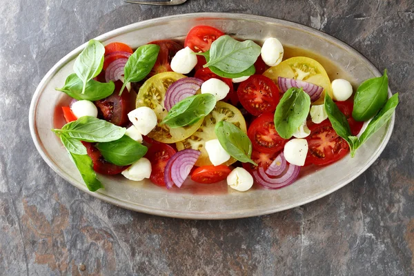 Salada de tomates de mistura com queijo e manjericão — Fotografia de Stock