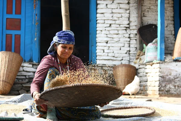 Kathmandu, Nepal-December 2009 - een niet-geïdentificeerde nepalese vrouw doen hun dagelijkse leven plicht langs de straat Stockfoto