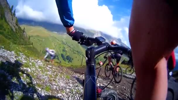 Riders at the start up of a bike downhill — Stock Video