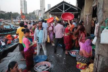 Mumbai, Hindistan 'da balık pazarı var. Satıcılar ve işçiler taze deniz ürünleri taşıyor. Yerel piyasa kültürü ve günlük yaşamın sergilendiği canlı ve canlı bir sahne.