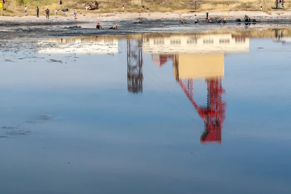 Sol Iletsk Russia 2020 Lake Tuzluchnoye Russol Salt Plant Reflected — Foto Stock