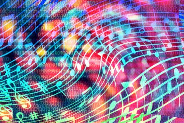  Yapay zeka kavramı bilgisayar müziği yaratıyor. Parlak, soyut, çok renkli bir arka plan. Müzikal nota ve ikili kod şeklinde. Görüntü.