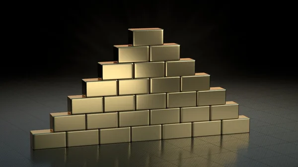 Stack of gold brick bars on shiny metal floor. — Stock Photo, Image