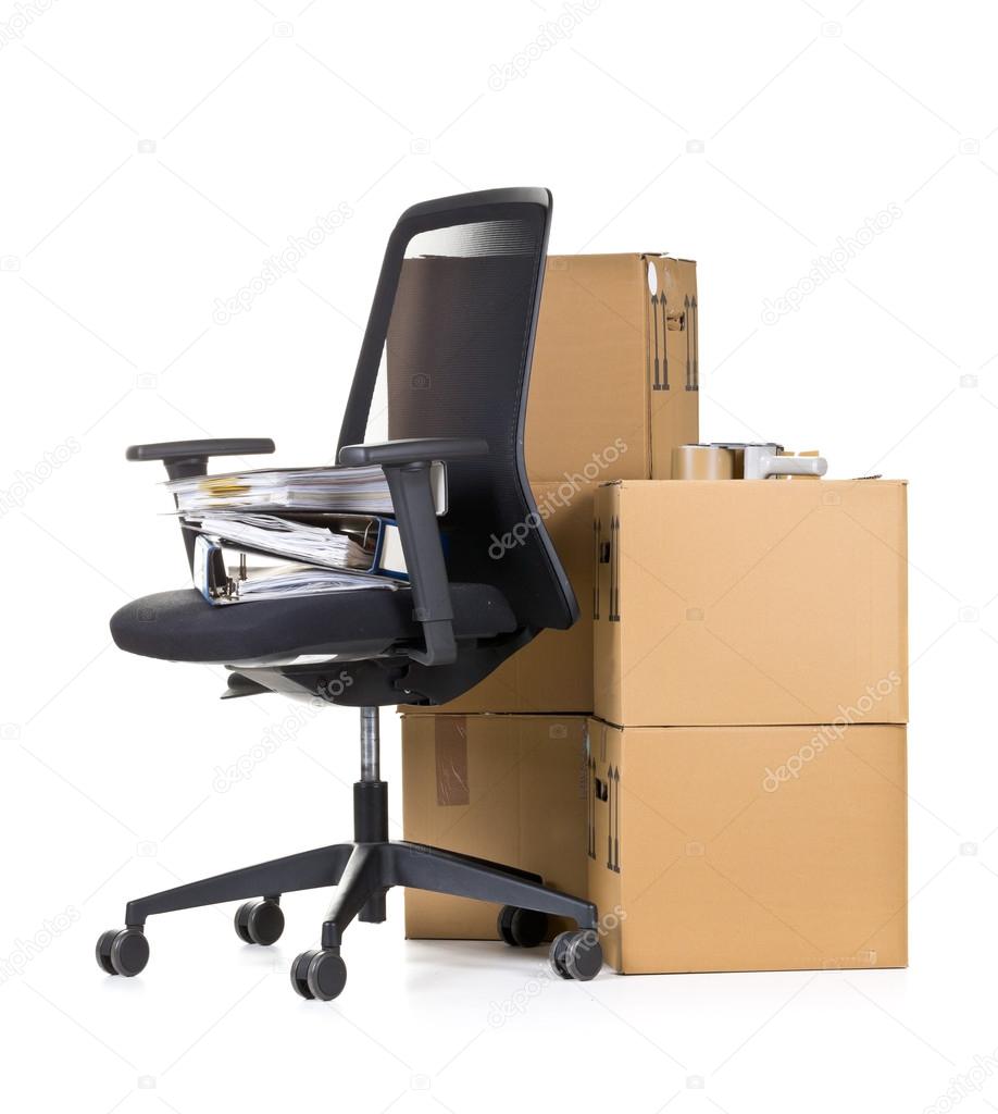 office move concept  office chair and moving boxes 103393816