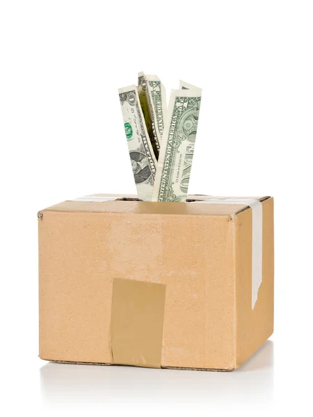 Donation cardboard box with dollar banknotes — Stock Photo, Image